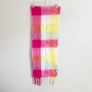 New 5B STYLE Women’s Pink Yellow Plaid Soft Fringed Multi-Use Scarf 72” X 14”